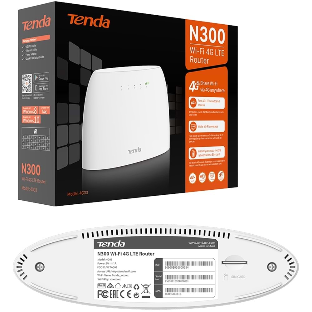 TENDA 4G03 N300 300MBPS WİFİ 4G LTE SİM KART GİRİŞLİ ROUTER