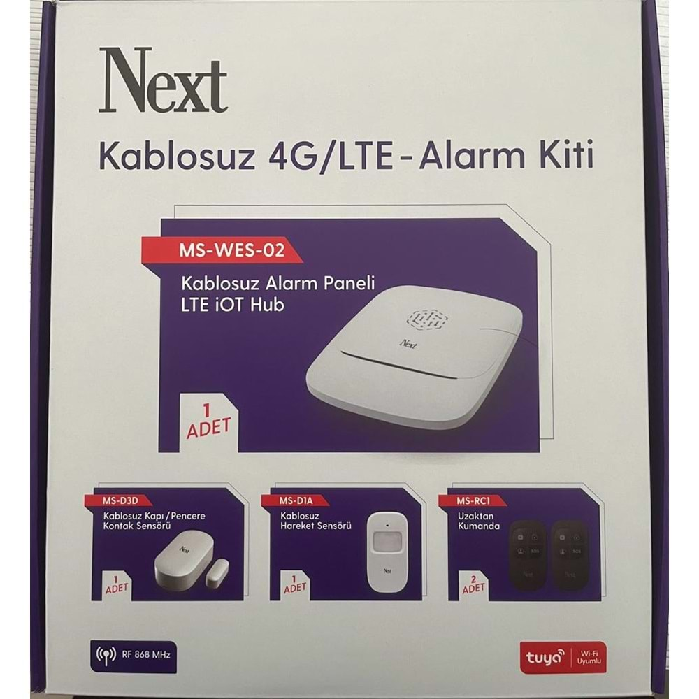 NEXT MS-WES-02 KABLOSUZ 4G/LTE ALARM KİTİ (ALARM PANELİ+KONTAK SENSÖRÜ+HAREKET SENSÖRÜ+2 ADET UZAKTAN KUMANDA)