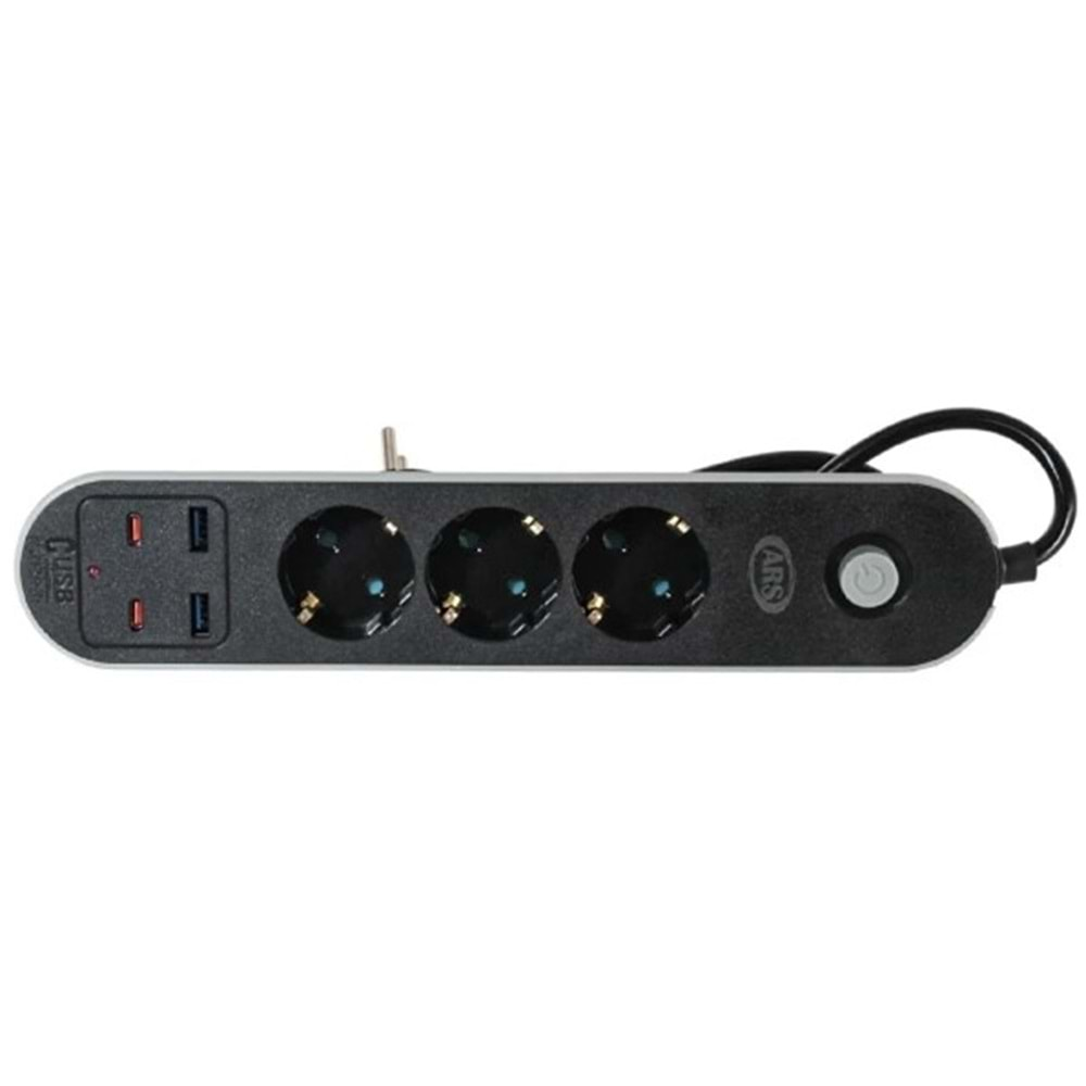 ARS 3LÜ TERMAL AKIM KORUMALI 2 USB 2 TYPE C 2 METRE UZATMA KABLOSU AKIM DENGELEME ISIYA DAYANIKLI PRİZ