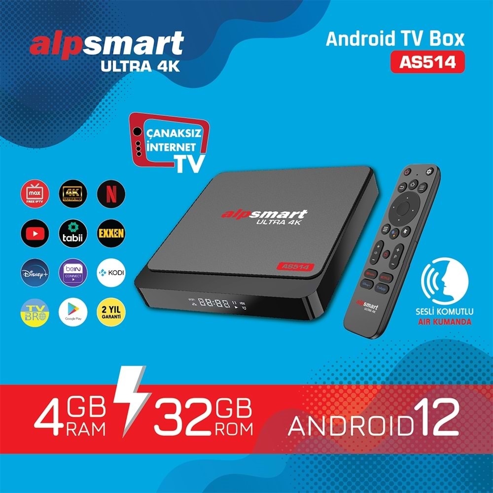 ALPSMART AS514 4K 4GB RAM 32GB HAFIZA SESLİ KOMUTLU AIR KUMANDA ALLWİNNER H618 İŞLEMCİ ANDROİD 12 1 YIL FREE XTREAM TV ANDROİD UYDU CİHAZI