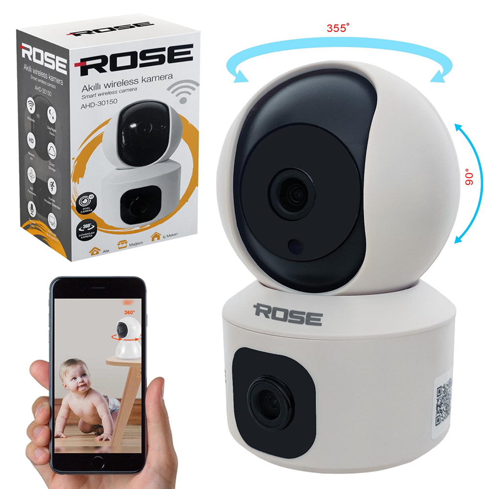 ROSE AHD-30150 3 MP İÇ MEKAN 5V İLE ÇALIŞAN ÇİFT KAMERALI 360 DERECE DÖNEBİLEN WİFİLİ GECE GÖRÜŞLÜ MİKROFONLU WİRELESS PTZ KAMERA