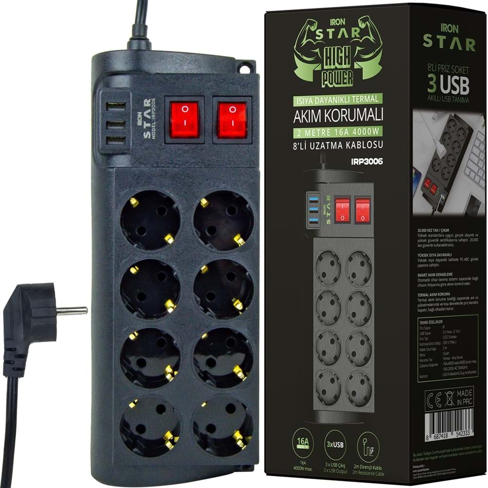 İRONSTAR IRP3006 2MT 3XUSB AKIM KORUMALI 8Lİ PRİZ AKILLI AKIM KORUMALI ISIYA KARŞI DAYANIKLI TERMAL