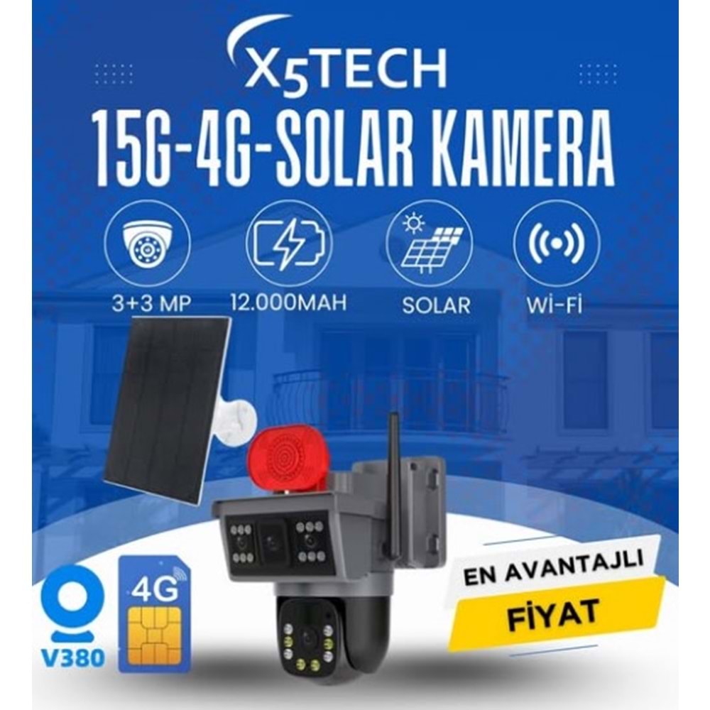 X5TECH RX-15G 3MP+3MP 4G SİM KARTLI SOLAR GÜNEŞ PANEL 12000MAH SESLİ UYARI SİSTEMİ GECE GÖRÜŞLÜ HAREKET ALGILAMA PTZ KAMERA