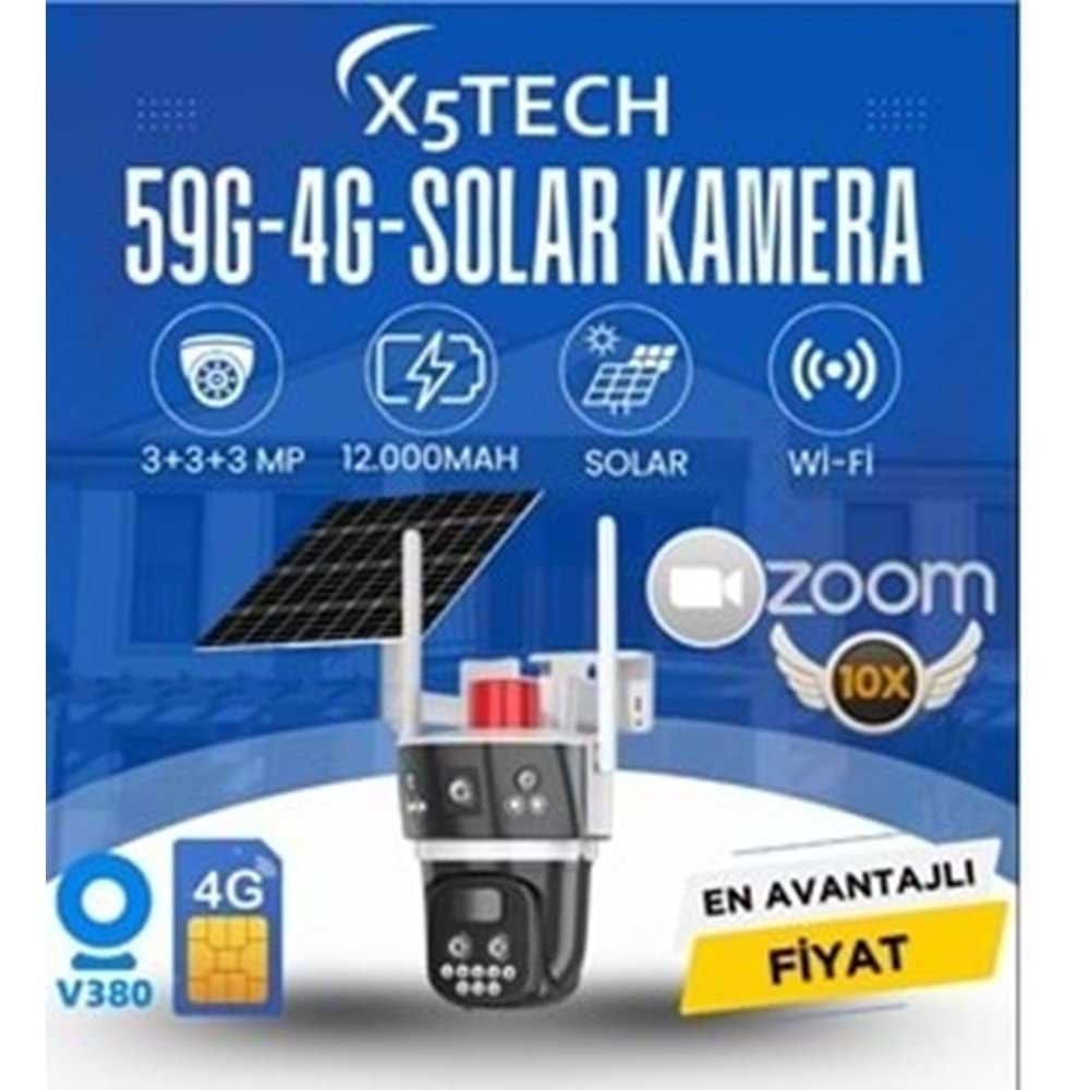 X5TECH RX-58G 3MP+3MP 4G SİM KARTLI SOLAR GÜNEŞ PANEL 12000MAH SESLİ UYARI SİSTEMİ GECE GÖRÜŞLÜ HAREKET ALGILAMA PTZ KAMERA