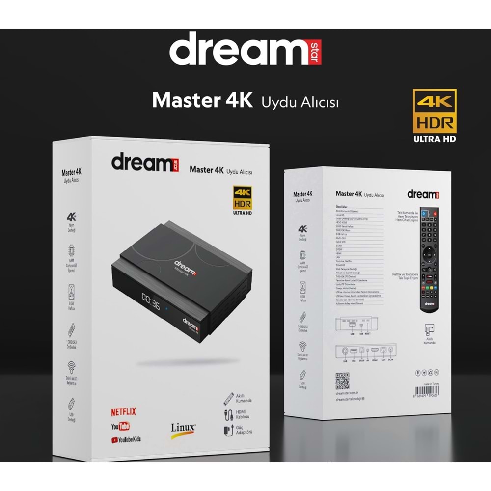 DREAMSTAR MASTER 4K 1GB RAM 8GB HAFIZA ARM CORTEX A53 LİNUX İŞLEMCİ DAHİLİ WİFİ ANDROİD UYDU ALICISI
