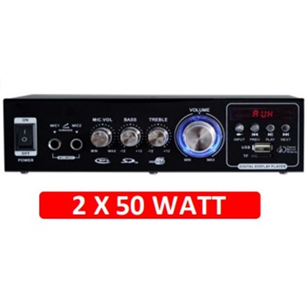 ROSE FR-007A 2X50W STEREO 4-16OHM ÇIKIŞ MP3 BLUETOOTH 2 MİKROFON GİRİŞLİ BASS TİZ KONTROL UZAKTAN KUMANDALI ANFİ