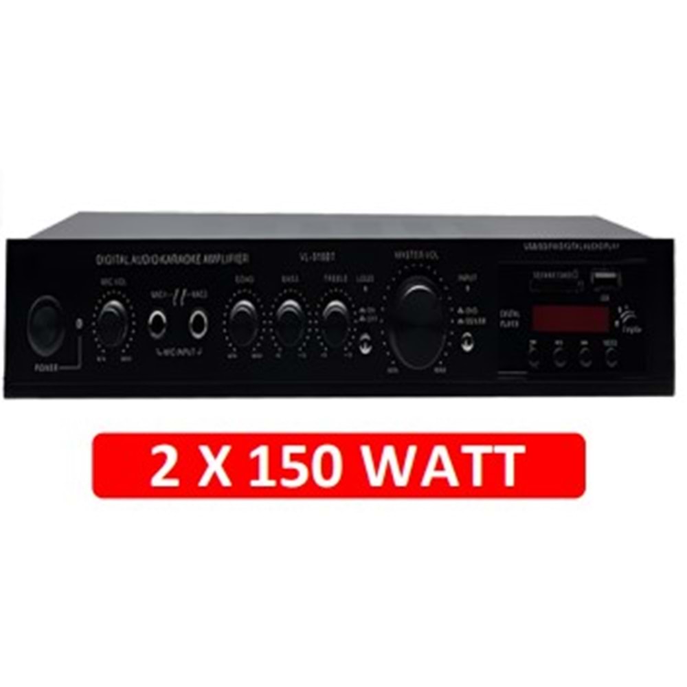 ROSE FR-9180B 2X150W STEREO 4-16OHM ÇIKIŞ MP3 BLUETOOTH SD KART 2 MİKROFON GİRİŞLİ UZAKTAN KUMANDALI ANFİ