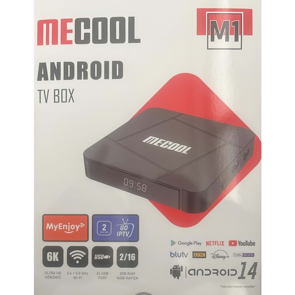RİOSAT MECOOL M1 2GB RAM 16GB HAFIZA 6K ULTRA HD ANDROİD 14 ALLWİNNER H618 İŞLEMCİ 2.4GHZ WİFİ ETHERNET GİRİŞLİ ANDROİD TV BOX