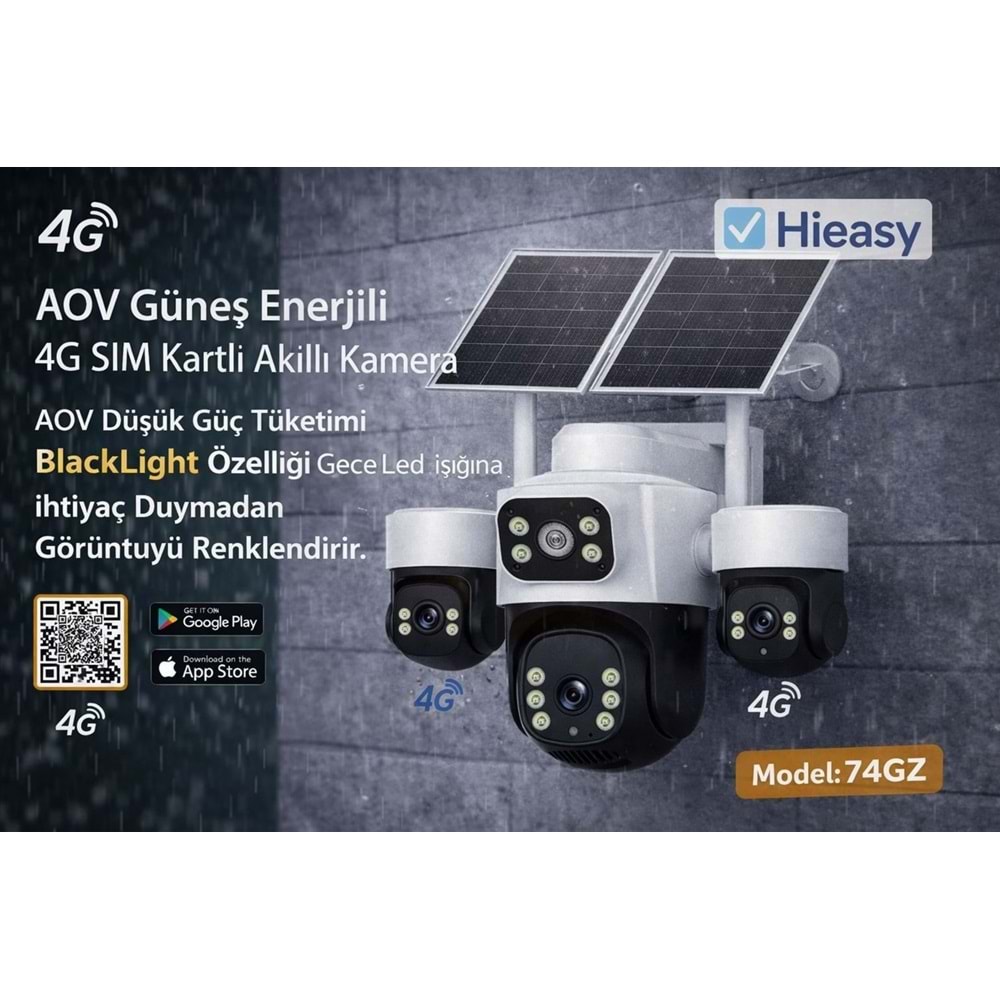 X5TECH 74-GZ AOV SOLAR GÜNEŞ ENERJİLİ 4MP 4 KAMERALI 4G SİM KARTLI HİEASY