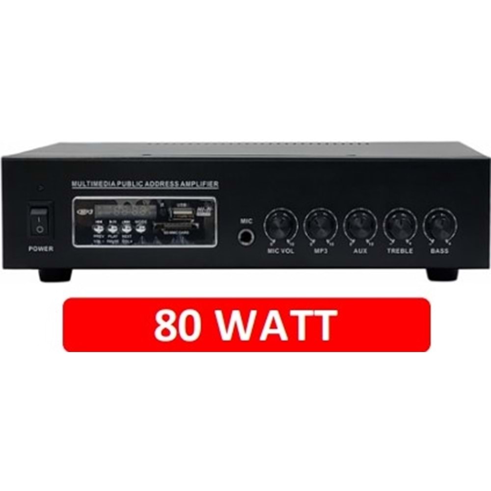 ROSE FR-2001W 2 MİKROFON GİRİŞLİ 80W MONO 70-100V 4-16 OHM ÇIKIŞ MP3 BLUETOOTH SD KART UZAKTAN KUMANDALI BAS TİZ AUX MP3 MİKROFON KONTROL ANFİ