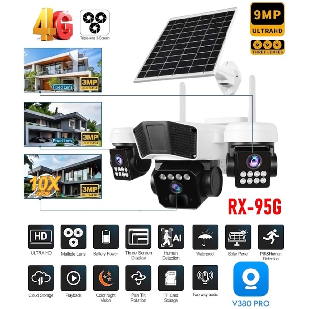 X5TECH RX-95G 3 KAMERALI 1 TANESİ 10X 4G/SOLAR 12000MAH V380