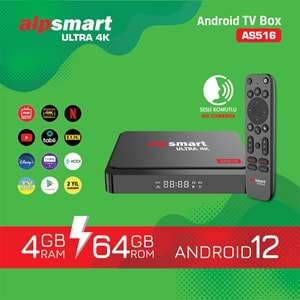 ALPSMART AS516 4K 4GB RAM 64GB HAFIZA SESLİ KOMUTLU AIR KUMANDA ALLWİNNER H618 İŞLEMCİ ANDROİD 12 1 YIL FREE XTREAM TV ANDROİD UYDU CİHAZI