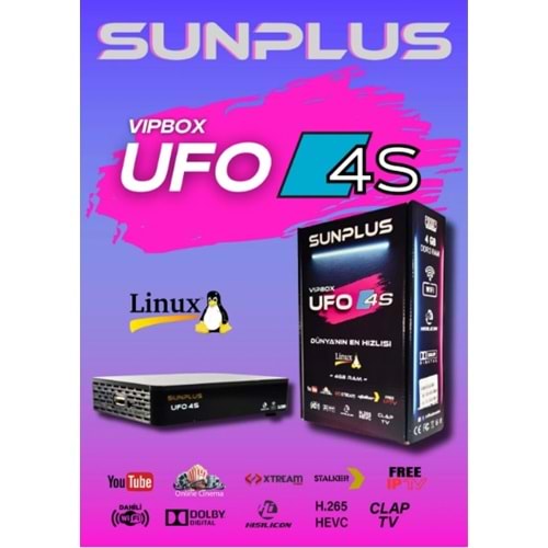 SUNPLUS VİPBOX UFO 4S 4GB DDR3 RAM LİNUX XTREAM DESTEĞİ DAHİLİ WİFİ ETHERNET GİRİŞLİ