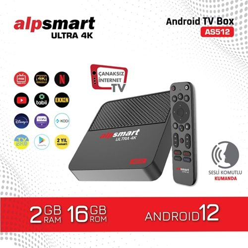 ALPSMART AS512 4K 2GB RAM 16GB HAFIZA SESLİ KOMUTLU KUMANDA ALLWİNNER H618 İŞLEMCİ ANDROİD 12 1 YIL FREE XTREAM TV ANDROİD UYDU CİHAZI