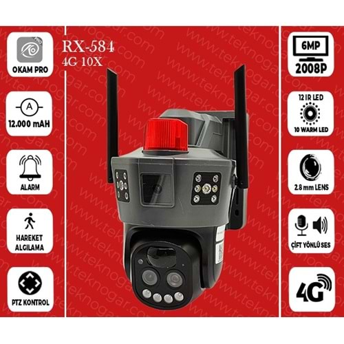 X5TECH RX-584GZ 4G SİM KART DESTEĞİ 2 KAMERALI 3 MP WİFİ PTZ RENKLİ GECE GÖRÜŞLÜ DAHİLİ SİREN SÜREKLİ İNSAN TAKİBİ HAREKET ALGILAMA AKILLI ÇİFT IŞIKLI İP KAMERA