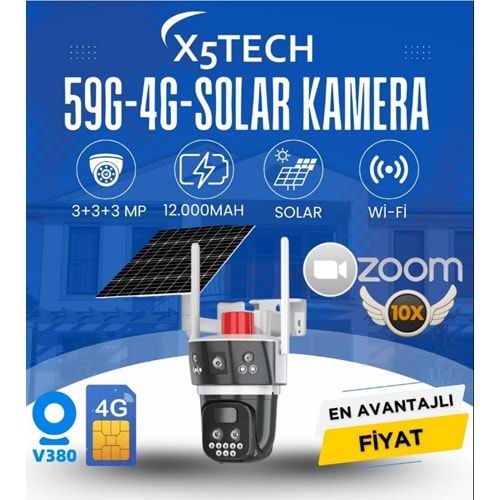 X5TECH RX-59G 10X ZOOM 3MP+3MP 4G SİM KARTLI SOLAR GÜNEŞ PANEL 12000MAH SESLİ UYARI SİSTEMİ GECE GÖRÜŞLÜ HAREKET ALGILAMA PTZ KAMERA
