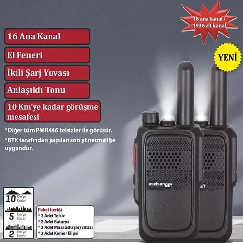 ASELSAN PM-580 PMR ŞARJ DAHİL İKİ EL TELSİZİ 10KM 16 KANAL+121 ALT KANAL