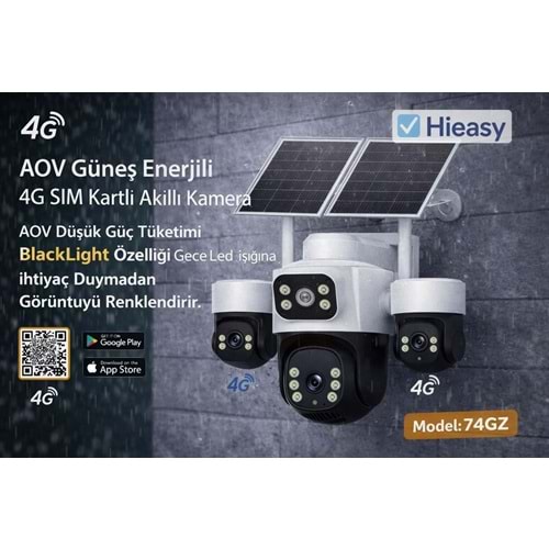 X5TECH 74-GZ AOV SOLAR GÜNEŞ ENERJİLİ 4MP 4 KAMERALI 4G SİM KARTLI HİEASY
