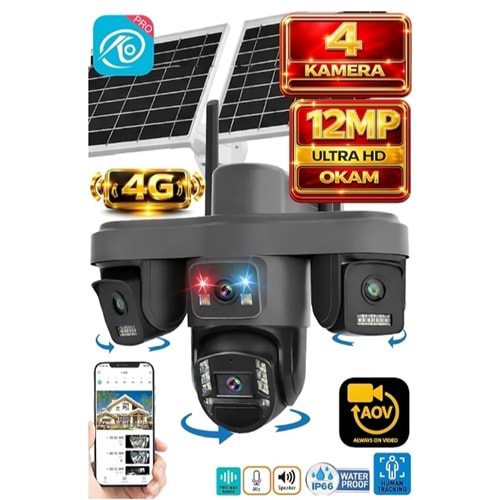 O-KAM OK-335 PREMİUM 4G 12MP 4 KAMERALI ÇİFT SOLAR PANEL AOV GECE GÖRÜŞLÜ SESLİ KONUŞMA ÇAKAR LED