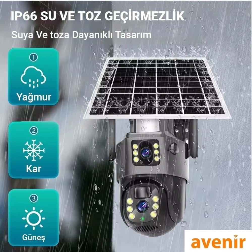 AVENIR AV-M12 4G SİM KARTLI 3MP 2 KAMERALI SOLAR PANELLİ GÜNEŞ ENERJİLİ PTZ 360 DÖNEBİLEN DOME KAMERA