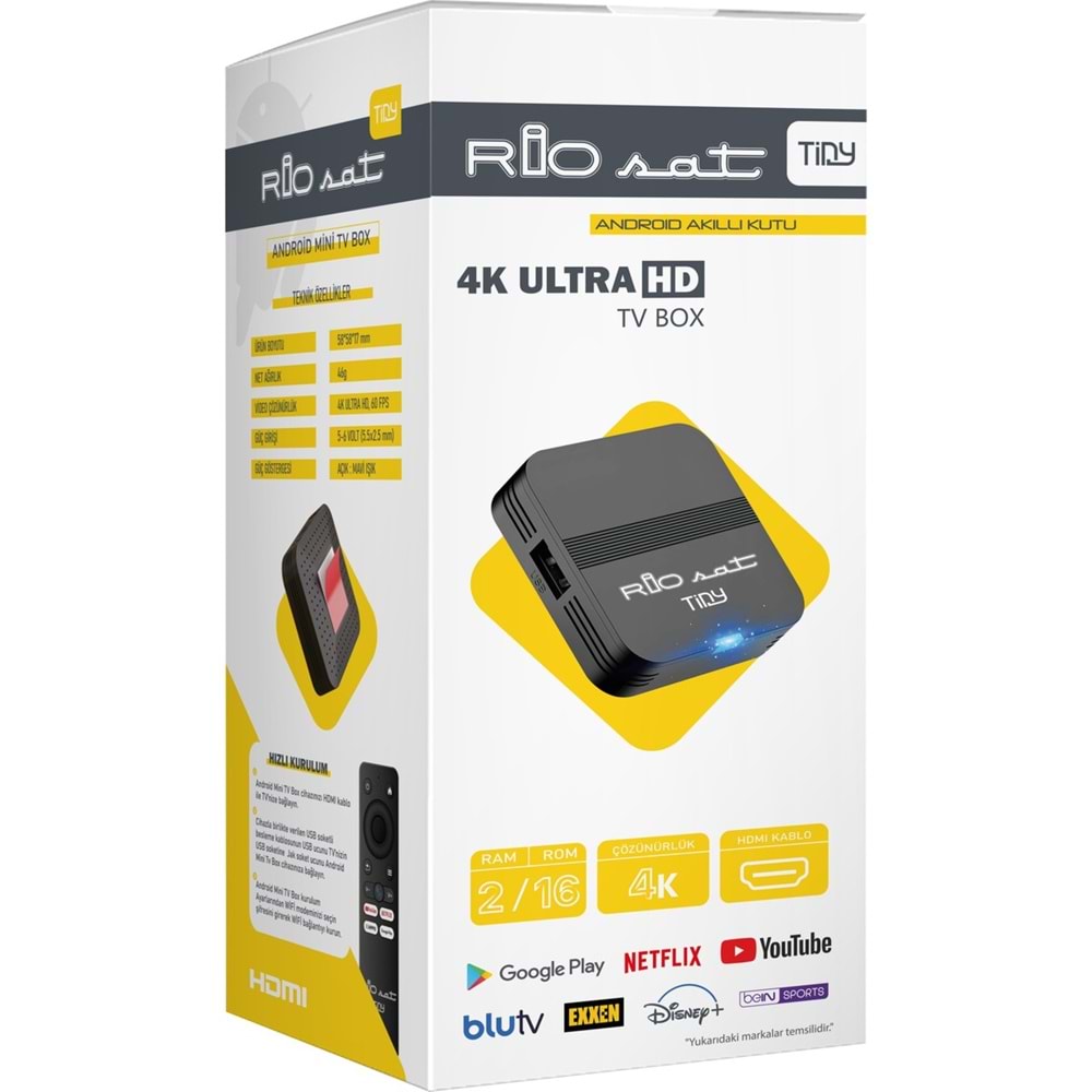 RİOSAT TİNY 2GB RAM 16GB HAFIZA 4K ULTRA HD 60 FPS QUAD CORE İŞLEMCİ 2.4GHZ WİFİ ANDROİD TV BOX