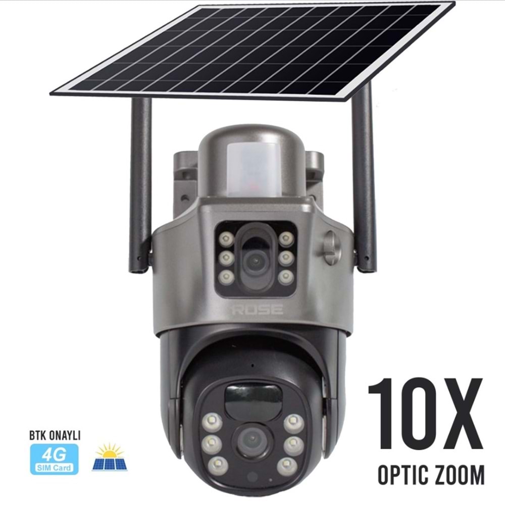 ROSE AHD-30205X 10X OPTİK ZOOMLU FULL HD 1080P OUTDOOR SOLAR GÜNEŞ ENERJİLİ ÇİFT KAMERALI 360 DERECE DÖNEBİLEN 4G SİM KARTLI MİKROFONLU HAFIZA KARTI DESTEKLİ KAMERA